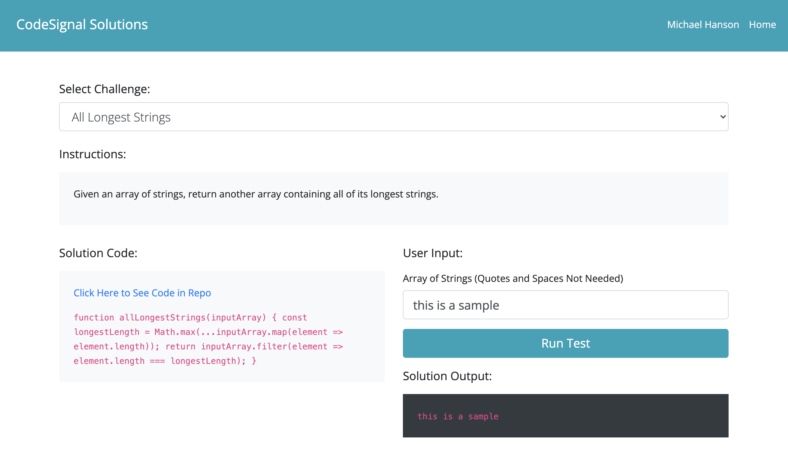 Screenshot of CodeSignal Algorithm Showcase